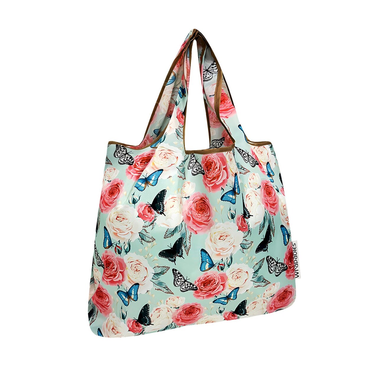 Wrapables Medium Foldable Tote Nylon Reusable Grocery Bags, Rose and Butterfly